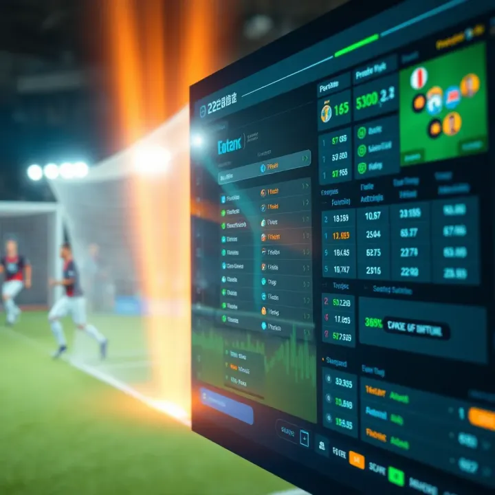 Futuristic sports technology interface displaying football match data and predictive algorithms