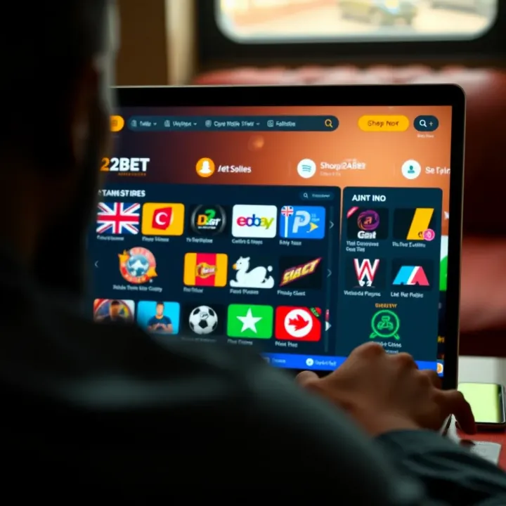 Navigating the Shop@22Bet Platform for Nigerian Users User navigating the Shop@22Bet online platform showing various betting and shopping options on a laptop screen