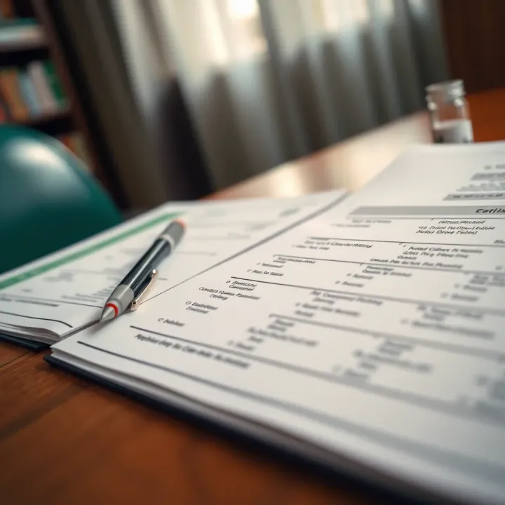 Close up of official documents and registration forms on a wooden table