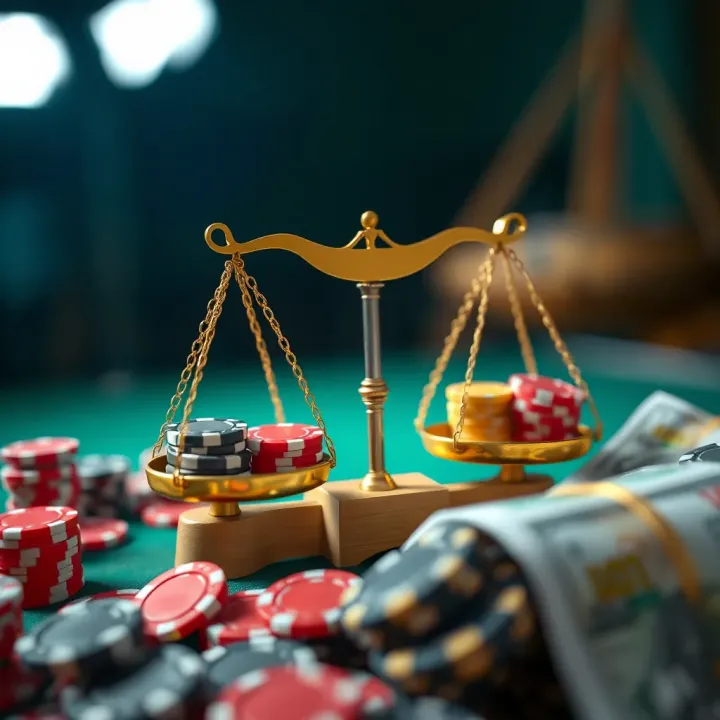 Graphic showing balance scales with gambling chips and money symbolizing regulation and responsible gaming