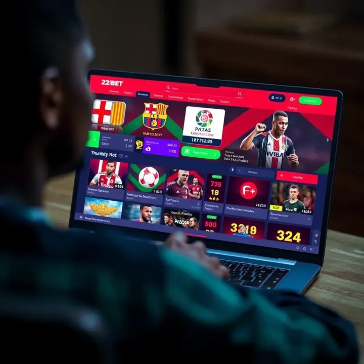 User navigating the 22Bet sportsbook platform on a laptop showing various sports betting options