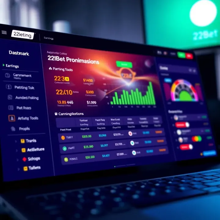 Dashboard showing 22Bet Partner programme commission earnings and marketing tools