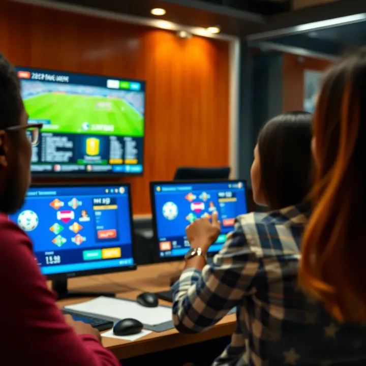 A professional training session with digital screens displaying betting promotional strategies