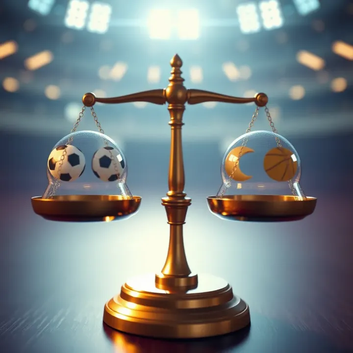 Graphic showing balance scales with legal symbols and sports icons representing betting regulations