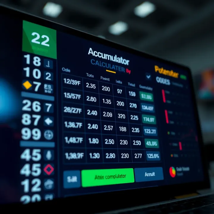 Digital Interface of an Accumulator Calculator Displaying Betting Odds and Potential Returns Graphic showing a digital interface of an accumulator calculator with sports betting odds and potential winnings displayed clearly